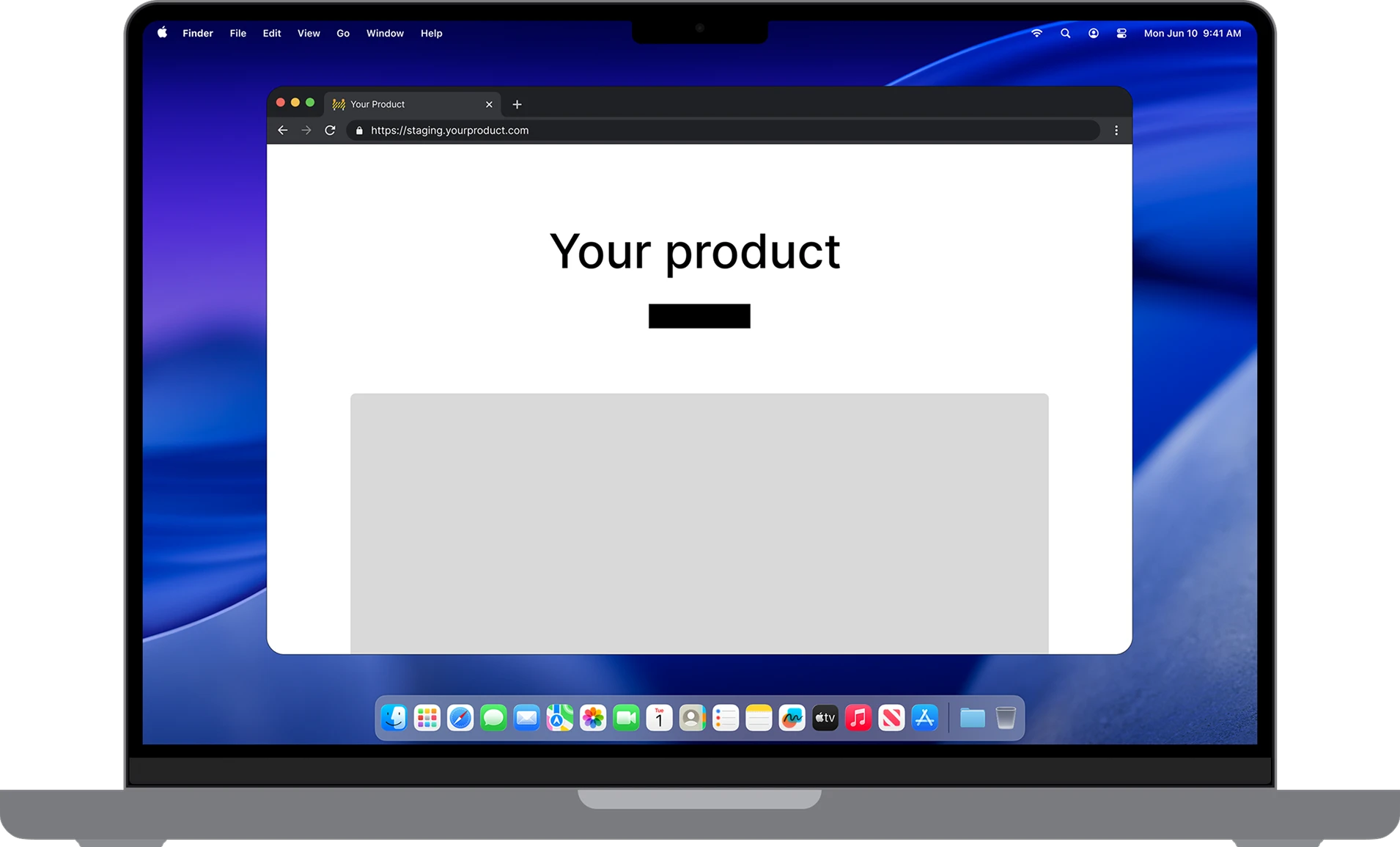 A product page displayed in a staging browser window.