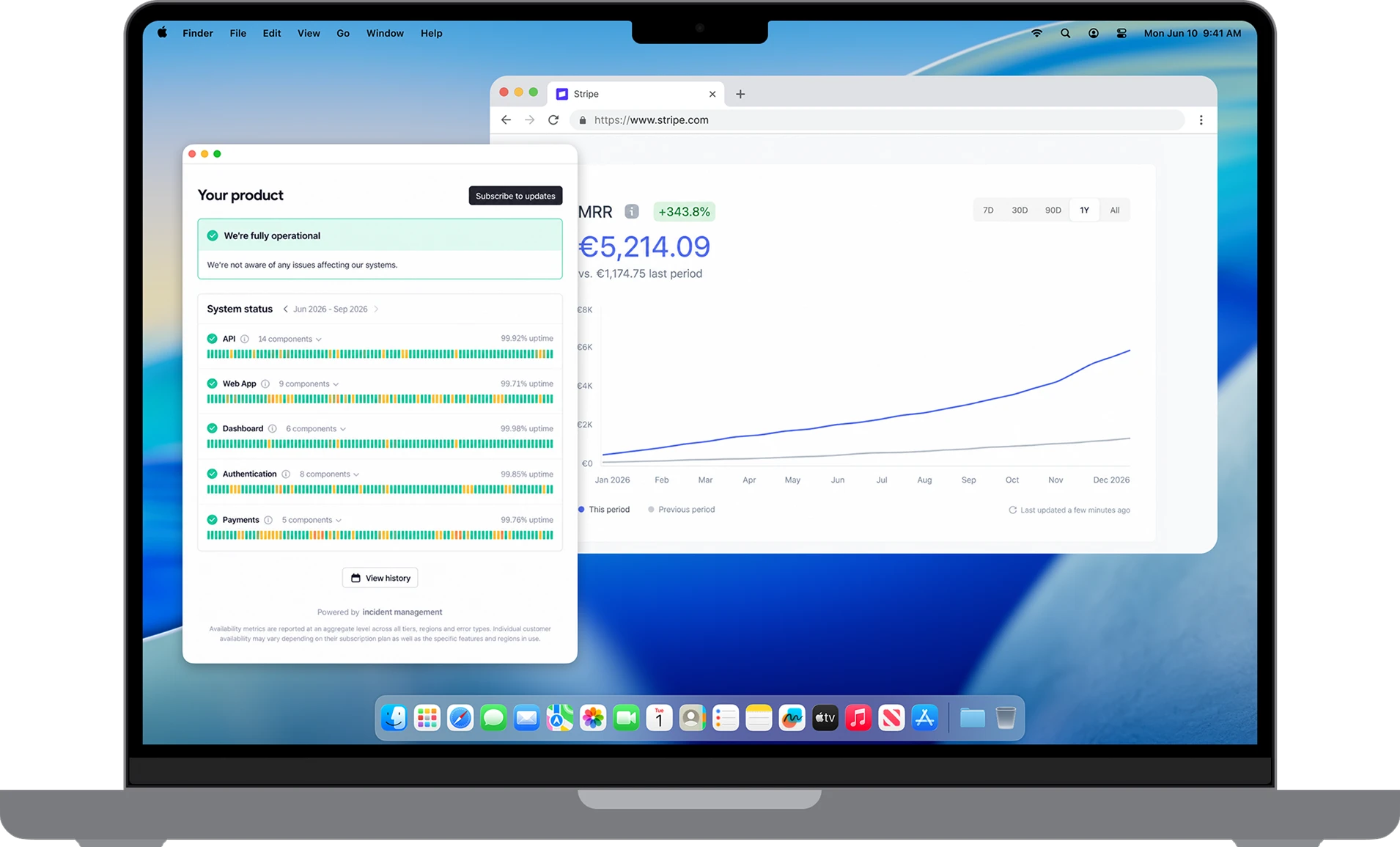 A system status dashboard and revenue analytics for a launched product.